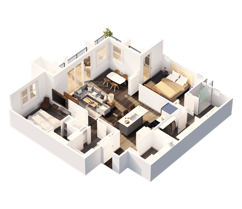 Floor plan for 2 beds, 2 baths, 1224 sqft